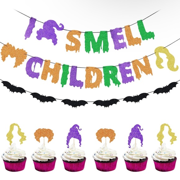 Hocus Pocus Halloween Hanging Swirl and I smell children banner w/ cup cake tops - Picture 7 of 8
